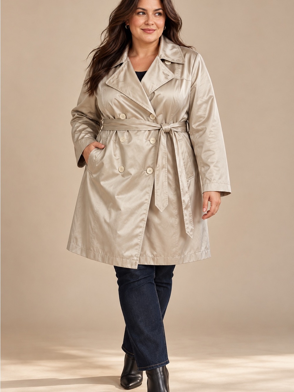Avenue Shiny Beige Trench Coat with Tie Belt